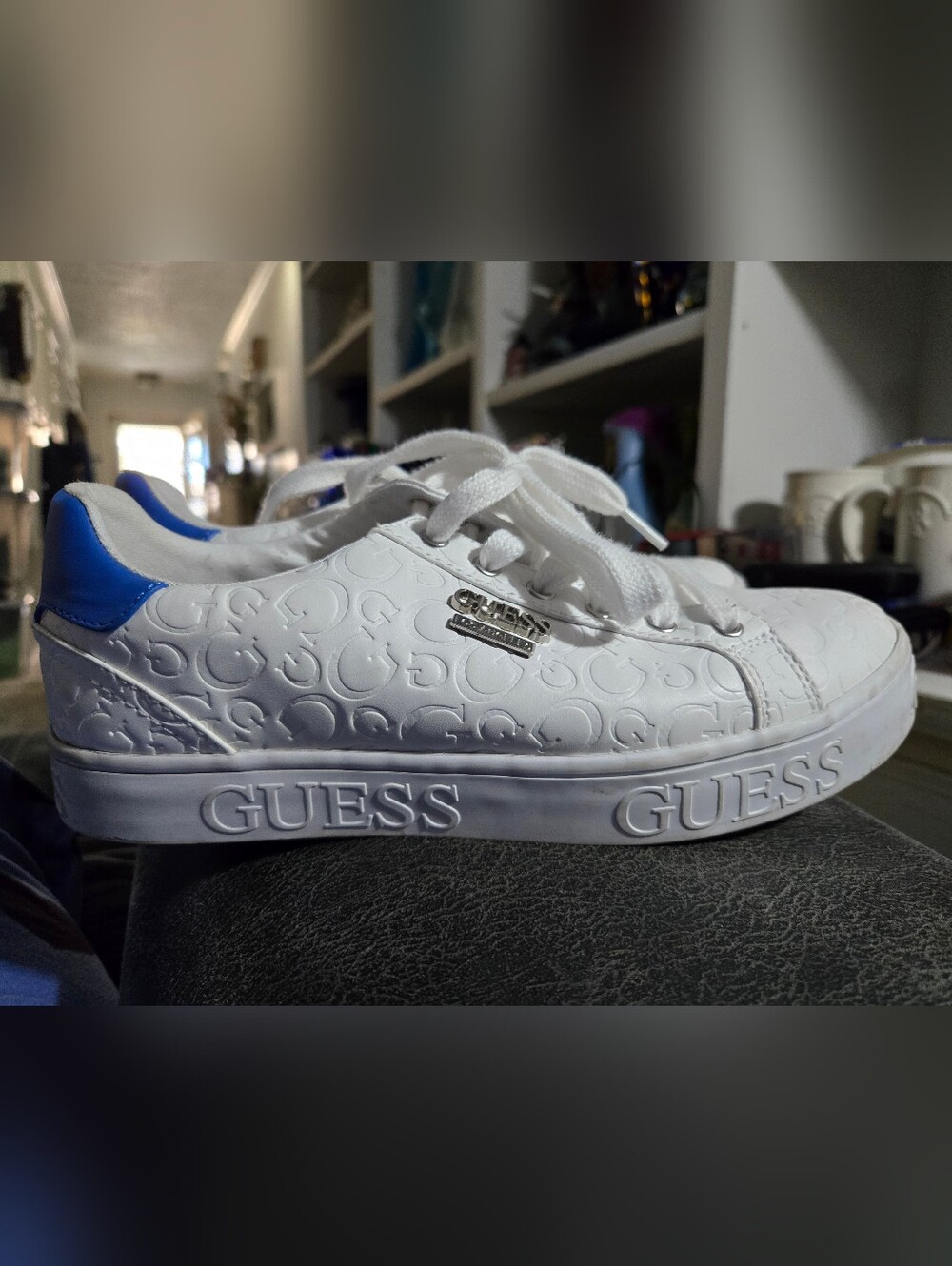 Guess White Embossed Logo Low-Top Sneakers with Blue Heel Tab, Womens 8